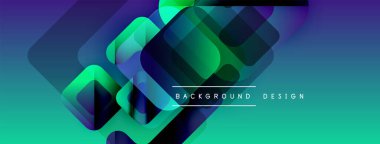 Soyut geometrik şekiller örtüşür, canlı gradyanlar yaratır. Teal, mor renkler tasarımda baskın, modern estetik. Arkaplanda metin ögeleri.