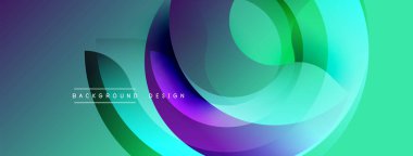 Soyut sıvı şekilleri örtüşür ve canlı bir değişim etkisi yaratır. Modern tasarım deniz mavisi, mor ve yeşil renklerden faydalanıyor. Arkaplanda metin ögeleri.