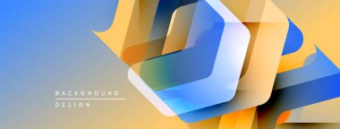 Soyut geometrik şekiller örtüşür, dinamik mavi ve sarı renkler yaratır. Modern tasarım elementleri yenilik ve teknoloji öneriyor.