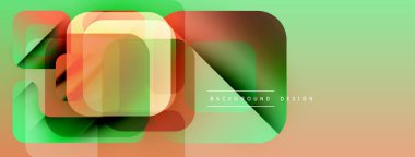 Soyut geometrik tasarım. Üst üste binen kareler, dikdörtgenler katmanlı etki yaratır. Yumuşak renk paleti, açık yeşil, turuncu renkler baskın kompozisyon.