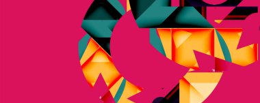 Soyut geometrik şekiller, canlı renkler kompozisyona hakim. Pembe, deniz mavisi, turuncu dinamik bir görsel ilgi yaratır. Modern tasarım elemanları.