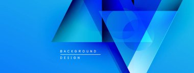 Soyut mavi geometrik şekiller dinamik arkaplan yaratır. Gradyan renkler, üst üste binen katmanlar, mevcut modern tasarım elementleri.