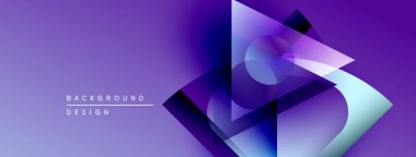Soyut geometrik şekiller örtüşüyor, canlı mor, beyaz gradyanlar yaratıyor. Modern tasarım elementleri teknoloji ve yenilik öneriyor.