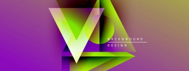 Soyut canlı tasarım, üst üste binen üçgenler, gradyanlar. Mor, yeşil renkler kompozisyona hakim. Metin arkaplan tasarımı okur.