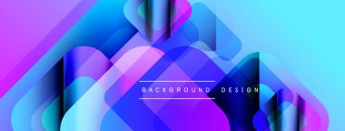 Soyut arkaplan canlı mor, mavi eğimli. Üst üste binen şekiller dinamik görsel efekt yaratır. Modern tasarım ögesi.