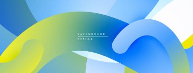 Soyut sıvı şekilleri kesişir. Mavi, sarı, yeşil renkler dinamik kompozisyon oluşturur. Arka planlar için modern tasarım ögesi.