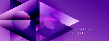 Soyut mor tasarım geometrik şekiller, daireler, üçgenler içerir. Gradyan efektli modern arkaplan, parlak sunum.