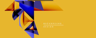 Soyut geometrik şekiller örtüşür, dinamik bileşim yaratır. Sarı arka plan mavi ve turuncu elementlerle çelişiyor. Modern tasarım, hareket ve derinlik öneriyor. Minimalist estetik.