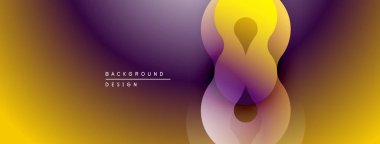 Soyut tasarım akışkan şekiller, canlı gradyanlar içerir. Mor, sarı renkler modern görsel etki yaratır. Yumuşak geçişler kompozisyona hakim..