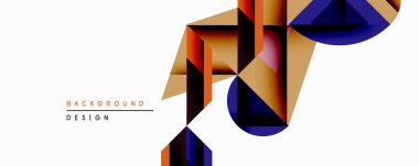 Soyut geometrik tasarım canlı turuncu, mavi ve altın şekillere sahiptir. Dinamik bileşim modern görsel etki yaratır. Temiz beyaz arkaplan, kalın formları ve gradyanları vurguluyor.