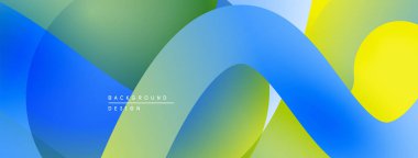 Soyut canlı katmanlar örtüşüyor. Mavi, yeşil, sarı renkler modern tasarımı yaratır. Minimalist estetik, pürüzsüz gradyanlar mevcut.