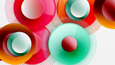 Üst üste binen daireler, canlı renkler, kıvrımlı çizgiler içeren soyut kompozisyon. Modern tasarım, dinamik görsel elementler, temiz estetik.