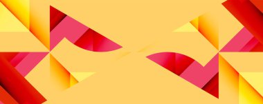 Soyut geometrik tasarım. Parlak sarı arka plan kırmızı ve pembe şekilleri tekrarlıyor. Modern, canlı kompozisyon.