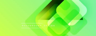 Soyut geometrik şekiller örtüşerek canlı yeşil gradyan oluşturur. Modern tasarım öğeleri yenilik, teknoloji, tazelik öneriyor.