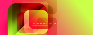 Soyut geometrik şekiller örtüşüyor, canlı renk eğimleri yaratıyor. Pembe, sarı, kırmızı, yeşil renkler kompozisyona hakim. Modern tasarım ögesi.