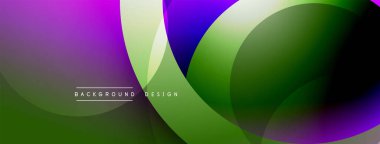 Soyut arkaplan özellikleri üst üste binen daireler, canlı gradyanlar. Mor, yeşil renkler tasarıma hakim, modern estetik yaratıyor..