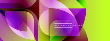 Soyut geometrik şekiller örtüşüyor, canlı renk eğimleri yaratıyor. Sarı, mor, kahverengi renkler tasarımda baskın. Modern estetik.