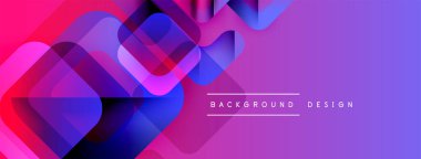 Soyut geometrik şekiller örtüşür, canlı gradyanlar yaratır. Mor, pembe, mavi renkler tasarımda baskın. Metin arkaplan tasarımı okur.