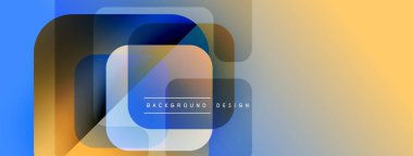 Soyut geometrik şekiller çakışıyor. Mavi, sarı renkler modern tasarım yaratır. Metin arka plan tasarımı okur. Minimalist estetik.