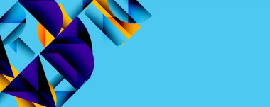 Soyut geometrik şekiller, canlı maviler, morlar, portakallar. Modern tasarım, temiz çizgiler, dinamik kompozisyon. Minimalist estetik, dijital resimleme.