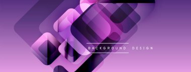 Soyut mor arkaplan özellikleri üst üste binen kareler, modern geometrik tasarım yaratıyor. Gradyan gölgeler derinlik ve görsel ilgi ekler.