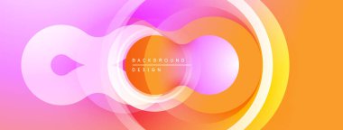Soyut tasarım özellikleri üst üste binen daireler, gradyanlar. Pembe, turuncu, sarı renkler modern görsel efektler yaratır. Yumuşak geçişler dinamik bileşim sunar.