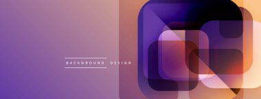 Soyut geometrik şekiller örtüşür, canlı bir değişim etkisi yaratır. Mor, turuncu renkler tasarımda baskın. Mevcut en küçük metin.