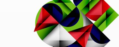 Soyut geometrik tasarım. Şekiller çakışıyor, dinamik görsel etki yaratıyor. Renkler kırmızı, yeşil, donanma, beyaz. Modern kompozisyon.