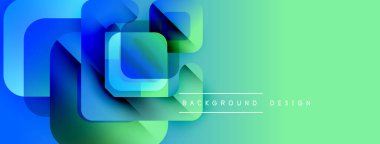 Soyut geometrik şekiller örtüşür, parlak mavi, yeşil eğimler yaratır. Arkaplan ve sunumlar için modern tasarım ögesi.