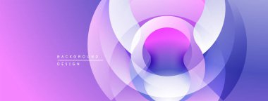 Soyut katmanlar canlı mor, mavi gradyanlar yaratır. Dairesel şekiller örtüşür, dinamik görsel efekt oluşturur. Modern tasarım ögesi.