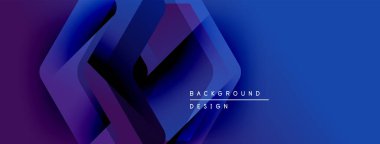 Soyut geometrik şekiller örtüşür, parlak mavi ve mor renkler yaratır. Arkaplan, pankart ve sunumlar için modern tasarım ögesi.