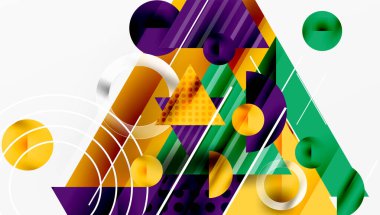 Soyut geometrik bileşim. Şekiller örtüşüyor, dinamik görsel ilgi yaratıyor. Renkler arasında mor, altın, yeşil, turuncu var. Modern tasarım.