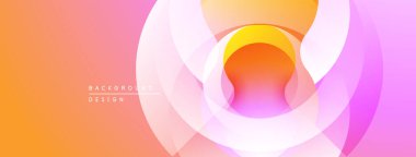 Soyut katmanlar canlı dairesel tasarım yaratır. Yumuşak gradyanlar turuncu, pembe ve mor renkleri harmanlarlar. Modern arkaplan ögesi.
