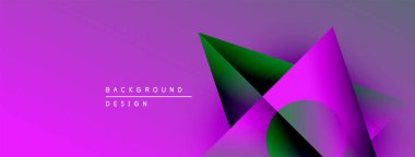 Soyut geometrik şekiller örtüşüyor, canlı mor ve yeşil renkler yaratıyor. Modern tasarım elementleri dinamik bileşimi önerir.