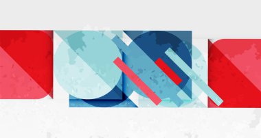 Soyut geometrik şekiller, kırmızı aksanlar, açık mavi tonlar. Minimalist tasarım, dokulu arka plan, modern estetik. Kompozisyon üst üste bindirme biçimlerine odaklanır.