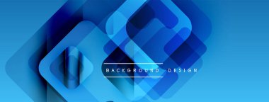 Soyut mavi kareler modern tasarım yaratarak örtüşüyor. Gradyan gölgeler görsel derinliği artırır, metin arka plan tasarımı okur.