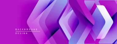 Soyut geometrik katmanlar canlı mor, mavi gradyanlar yaratır. Modern tasarım teknoloji, yenilik ve derinlik öneriyor. Arkaplanda metin ögeleri.