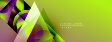 Soyut geometrik şekiller örtüşür, canlı gradyanlar yaratır. Sarı, mor, yeşil renkler tasarımda baskın. Modern, dinamik kompozisyon.