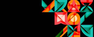 Soyut geometrik şekiller, canlı renkler, üst üste binen formlar dinamik bileşim oluşturur. Modern tasarım, temiz çizgiler, görsel uyum.