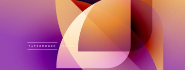 Soyut geometrik şekiller örtüşür, canlı bir değişim etkisi yaratır. Mor, turuncu renkler kompozisyona hakim. Modern tasarım ögesi.