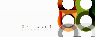 Modern soyut tasarım renkli çakışan daireler, kareler içerir. Temiz beyaz arkaplan karşıtlık ve basitlik sağlar.