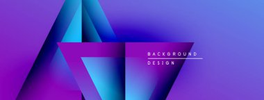 Soyut geometrik tasarım. Canlı mor, mavi renkler katmanlı şekiller yaratır. Modern estetik, arka planlar ve afişler için uygun..