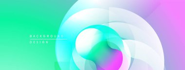 Soyut gradyanlar harmanlanarak dinamik dairesel şekiller oluştururlar. Yumuşak renkler turkuazdan menekşe rengine dönüşür. Minimalist tasarım modern estetiği çağrıştırıyor.