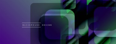 Soyut geometrik şekiller örtüşüyor, canlı mor ve yeşil renkler yaratıyor. Sancaklar ve sunumlar için modern tasarım uygun.