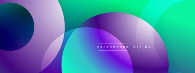 Soyut renkli arkaplan. Üst üste binen daireler dinamik görsel efekt yaratır. Mor, mavi, yeşil renkler mevcut. Modern tasarım ögesi.