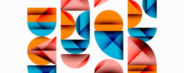 Soyut geometrik şekiller, canlı renkler, istiflenmiş biçimler modern tasarım yaratır. Temiz çizgiler, neşeli kompozisyon, görsel uyum.