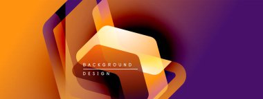 Soyut geometrik şekiller turuncu ve mor renkleri harmanlarlar. Modern tasarım katmanlı elementler içerir, metin arka plan tasarımı okur. Canlı renkler dinamik görsel efekt yaratır.