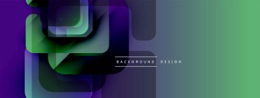 Soyut geometrik şekiller örtüşür, canlı bir gradyan arkaplan oluşturur. Modern tasarım elementleri teknoloji ve yenilik öneriyor.