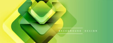 Soyut geometrik bileşim. Üst üste binen kareler dinamik değişim etkisi yaratır. Sarı, yeşil renkler görsel alana hakim. Modern tasarım ögesi.