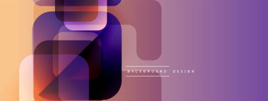 Soyut geometrik şekiller örtüşüyor, canlı renk eğimleri yaratıyor. Mor, turuncu renkler tasarımda baskın. Mevcut en küçük metin.